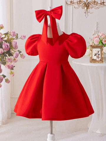 Young Girl Heart Hollow Back Big Bow Dress, Great For Casual & Daily Wear & School Daily In Spring And Autumn