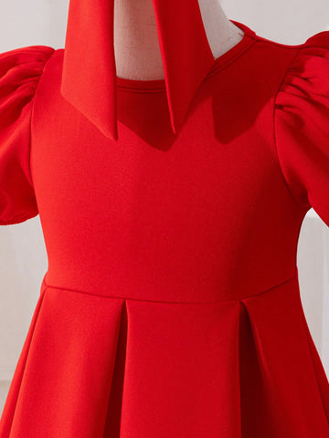 Young Girl Heart Hollow Back Big Bow Dress, Great For Casual & Daily Wear & School Daily In Spring And Autumn