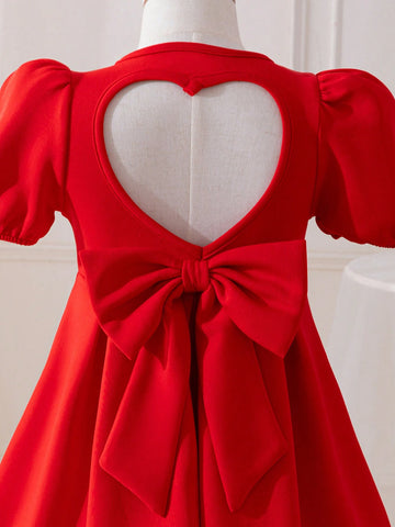 Young Girl Heart Hollow Back Big Bow Dress, Great For Casual & Daily Wear & School Daily In Spring And Autumn