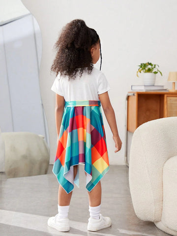 Young Girl Heart Pattern Belted Asymmetrical Hem Plaid Dress