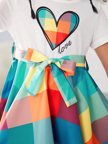 Young Girl Heart Pattern Belted Asymmetrical Hem Plaid Dress
