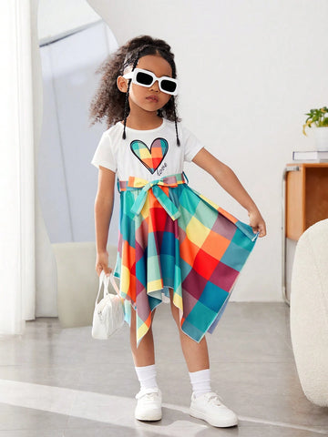 Young Girl Heart Pattern Belted Asymmetrical Hem Plaid Dress