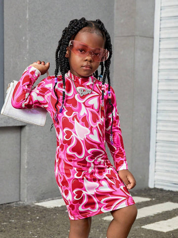 Young Girl Heart Pattern Knit Stand Collar Fitted Casual Dress