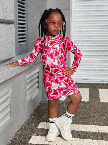 Young Girl Heart Pattern Knit Stand Collar Fitted Casual Dress