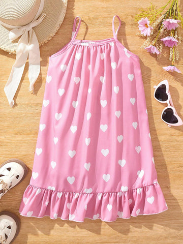 Young Girl Heart Patterned Ruffle Hem Spaghetti Strap Dress