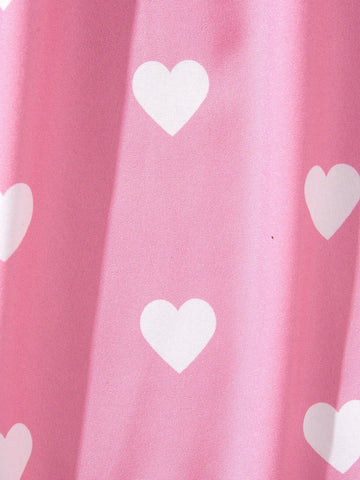 Young Girl Heart Patterned Ruffle Hem Spaghetti Strap Dress