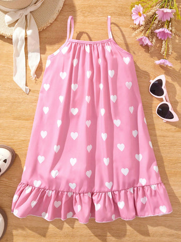 Young Girl Heart Patterned Ruffle Hem Spaghetti Strap Dress