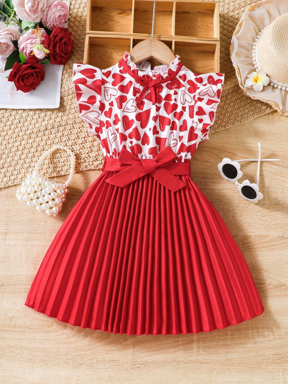 Young Girl Heart Print Cap Sleeve Pleated Hem Belted A-Line Dress