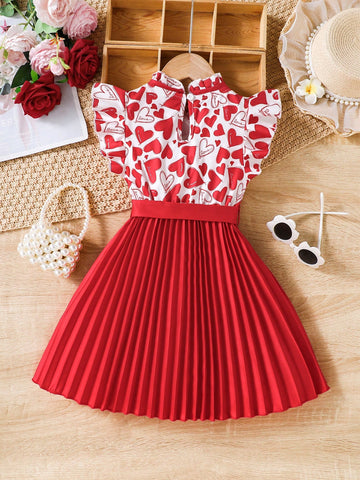 Young Girl Heart Print Cap Sleeve Pleated Hem Belted A-Line Dress