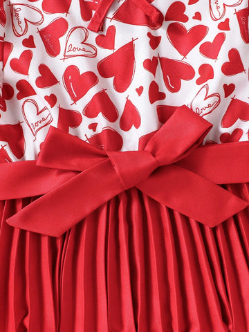 Young Girl Heart Print Cap Sleeve Pleated Hem Belted A-Line Dress