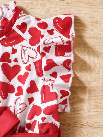 Young Girl Heart Print Cap Sleeve Pleated Hem Belted A-Line Dress