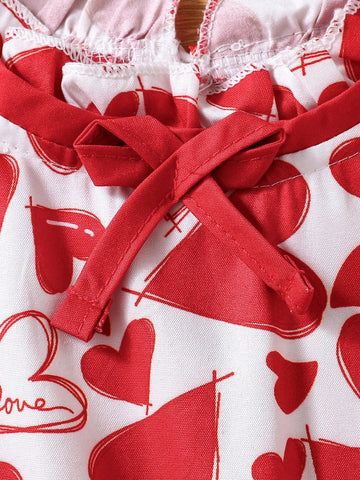 Young Girl Heart Print Cap Sleeve Pleated Hem Belted A-Line Dress