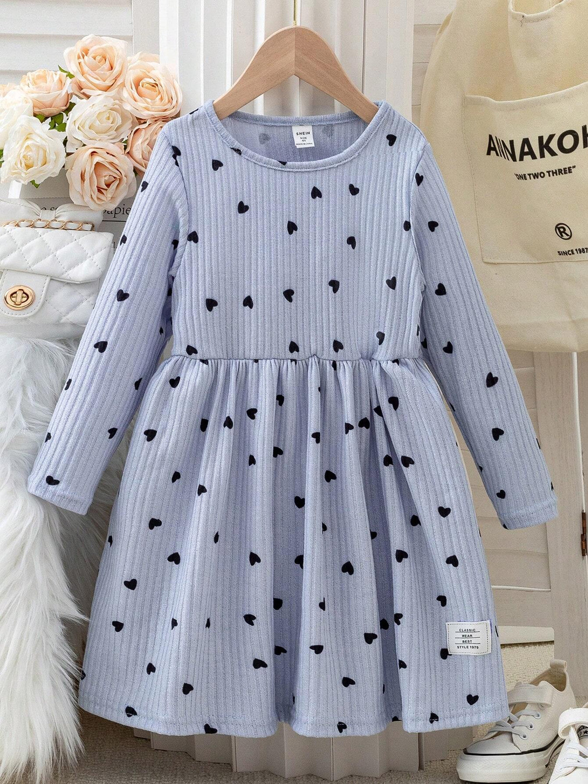 Young Girl Heart Print Casual Round Neck Long Sleeve Dress