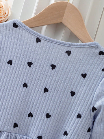 Young Girl Heart Print Casual Round Neck Long Sleeve Dress