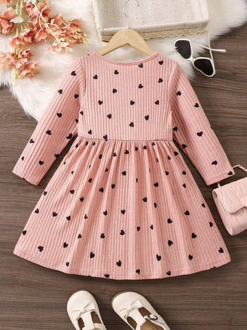 Young Girl Heart Print Long Sleeve Round Neck Letter Casual Dress, Autumn