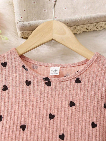 Young Girl Heart Print Long Sleeve Round Neck Letter Casual Dress, Autumn