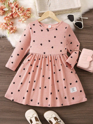 Young Girl Heart Print Long Sleeve Round Neck Letter Casual Dress, Autumn