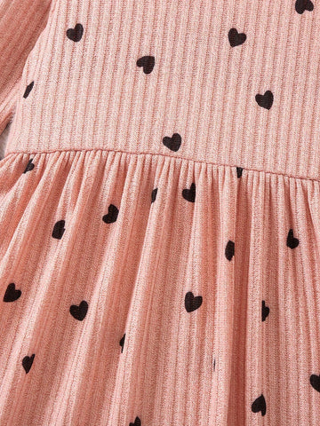 Young Girl Heart Print Long Sleeve Round Neck Letter Casual Dress, Autumn
