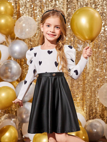 Young Girl Heart Print Patchwork Leather Dress,Sister And Me Matching,Mommy And Me Matching Outfits