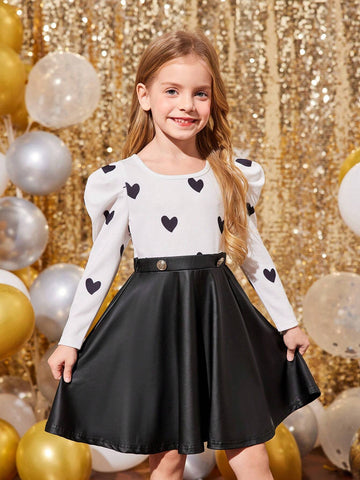 Young Girl Heart Print Patchwork Leather Dress,Sister And Me Matching,Mommy And Me Matching Outfits