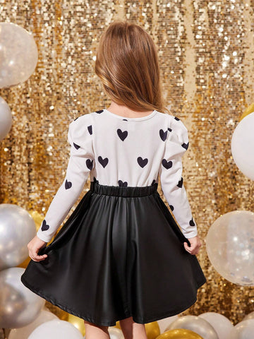 Young Girl Heart Print Patchwork Leather Dress,Sister And Me Matching,Mommy And Me Matching Outfits