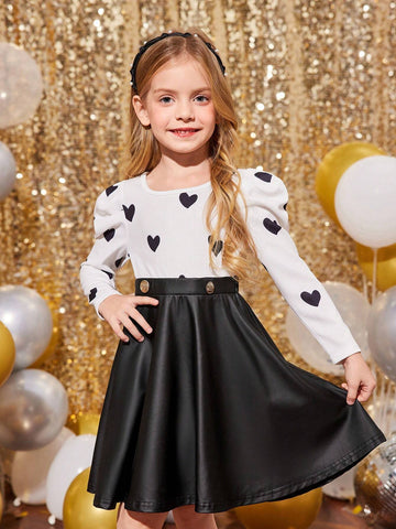 Young Girl Heart Print Patchwork Leather Dress,Sister And Me Matching,Mommy And Me Matching Outfits