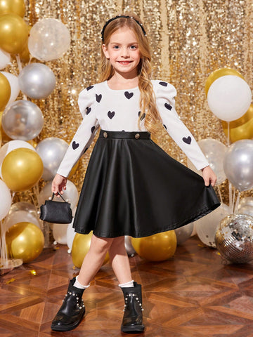 Young Girl Heart Print Patchwork Leather Dress,Sister And Me Matching,Mommy And Me Matching Outfits