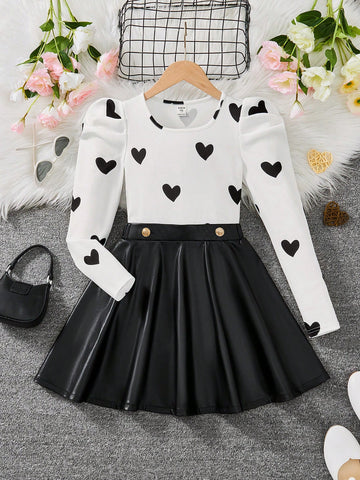 Young Girl Heart Print Patchwork Leather Dress,Sister And Me Matching,Mommy And Me Matching Outfits