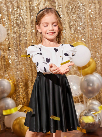 Young Girl Heart Print Patchwork Leather Dress,Sister And Me Matching,Mommy And Me Matching Outfits
