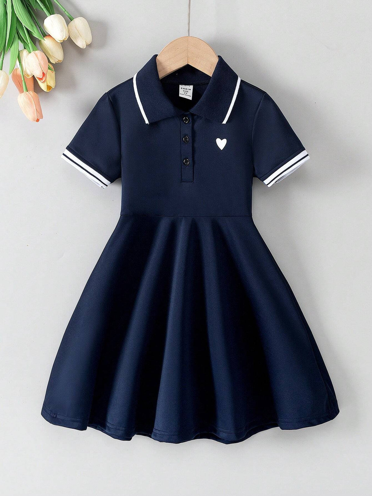 Young Girl Heart Print Polo Collar Dress