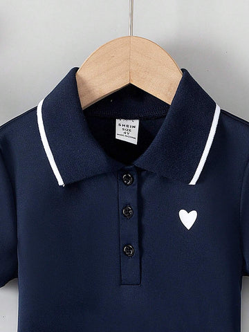 Young Girl Heart Print Polo Collar Dress