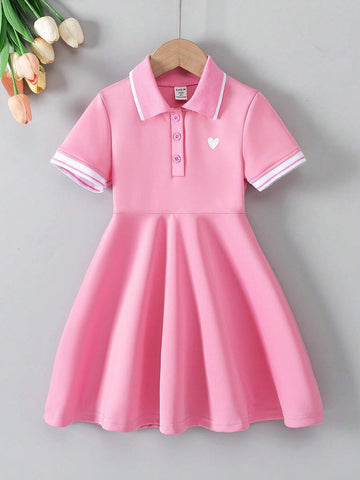 Young Girl Heart Print Polo Collar Summer Casual Dress