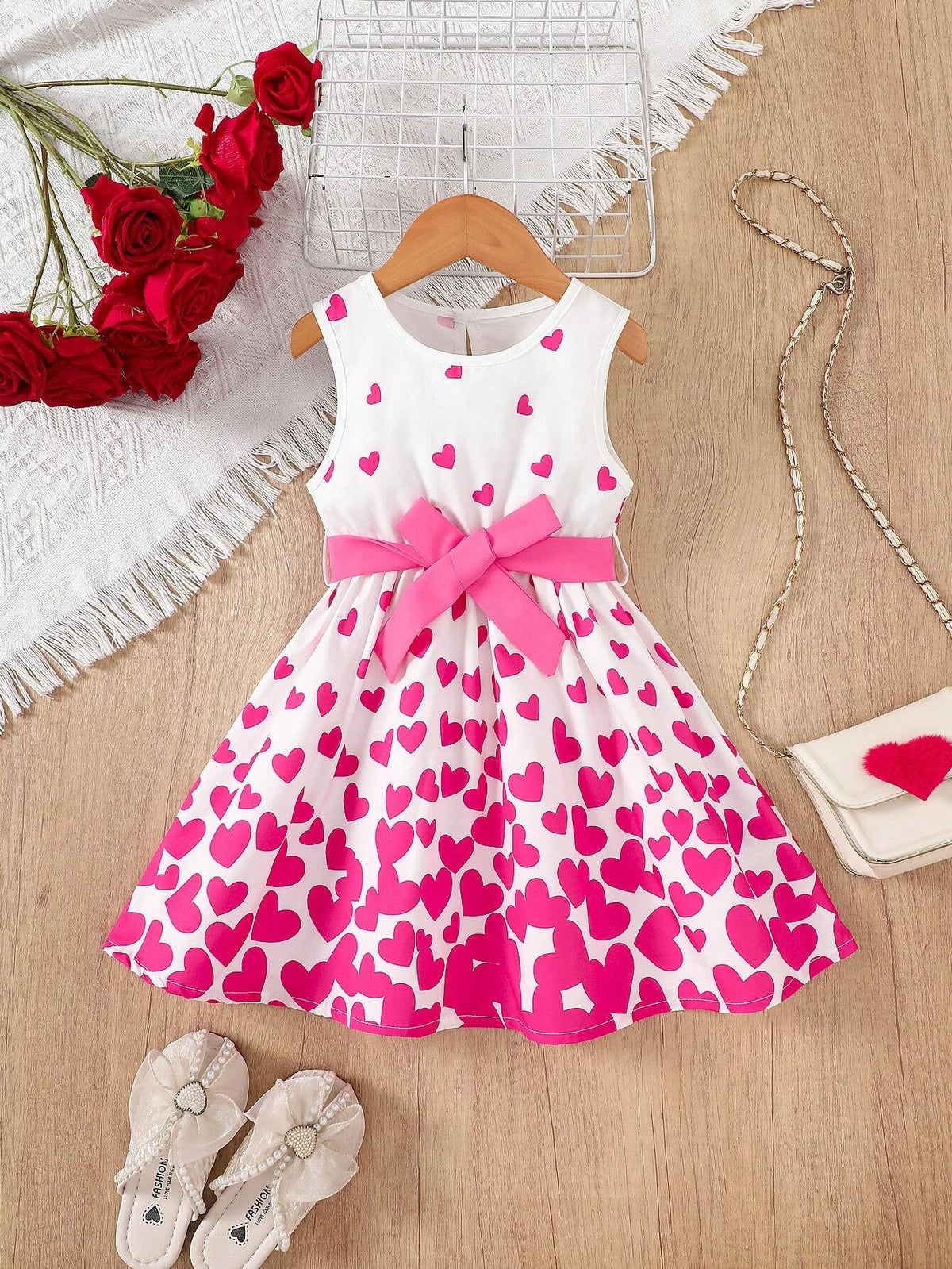 Young Girl Heart Print Tie Waist Sleeveless Round Neck Cute Dress