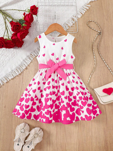 Young Girl Heart Print Tie Waist Sleeveless Round Neck Cute Dress