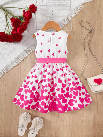 Young Girl Heart Print Tie Waist Sleeveless Round Neck Cute Dress