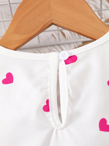 Young Girl Heart Print Tie Waist Sleeveless Round Neck Cute Dress