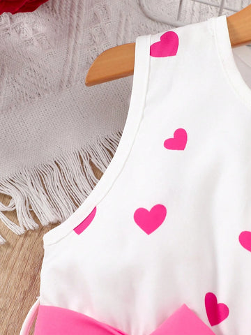 Young Girl Heart Print Tie Waist Sleeveless Round Neck Cute Dress
