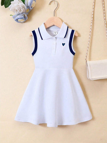 Young Girl Heart Printed Sleeveless Polo Collar Dress With Preppy Style