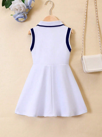 Young Girl Heart Printed Sleeveless Polo Collar Dress With Preppy Style