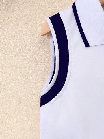 Young Girl Heart Printed Sleeveless Polo Collar Dress With Preppy Style
