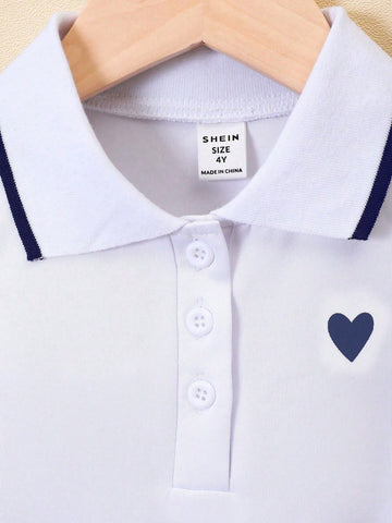 Young Girl Heart Printed Sleeveless Polo Collar Dress With Preppy Style