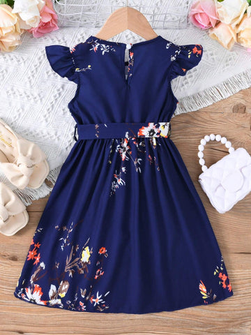 Young Girl Holiday Floral Printed Flutter Sleeve Belted Dress