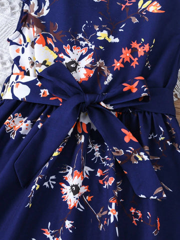 Young Girl Holiday Floral Printed Flutter Sleeve Belted Dress