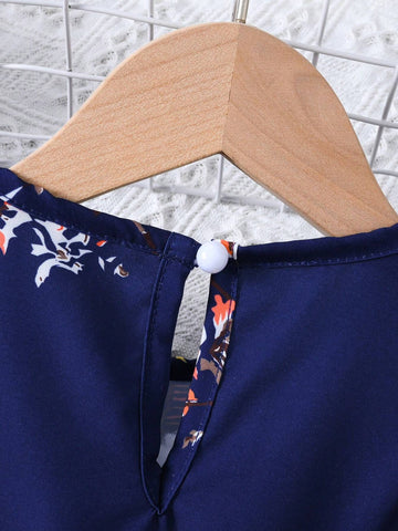 Young Girl Holiday Floral Printed Flutter Sleeve Belted Dress