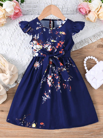 Young Girl Holiday Floral Printed Flutter Sleeve Belted Dress