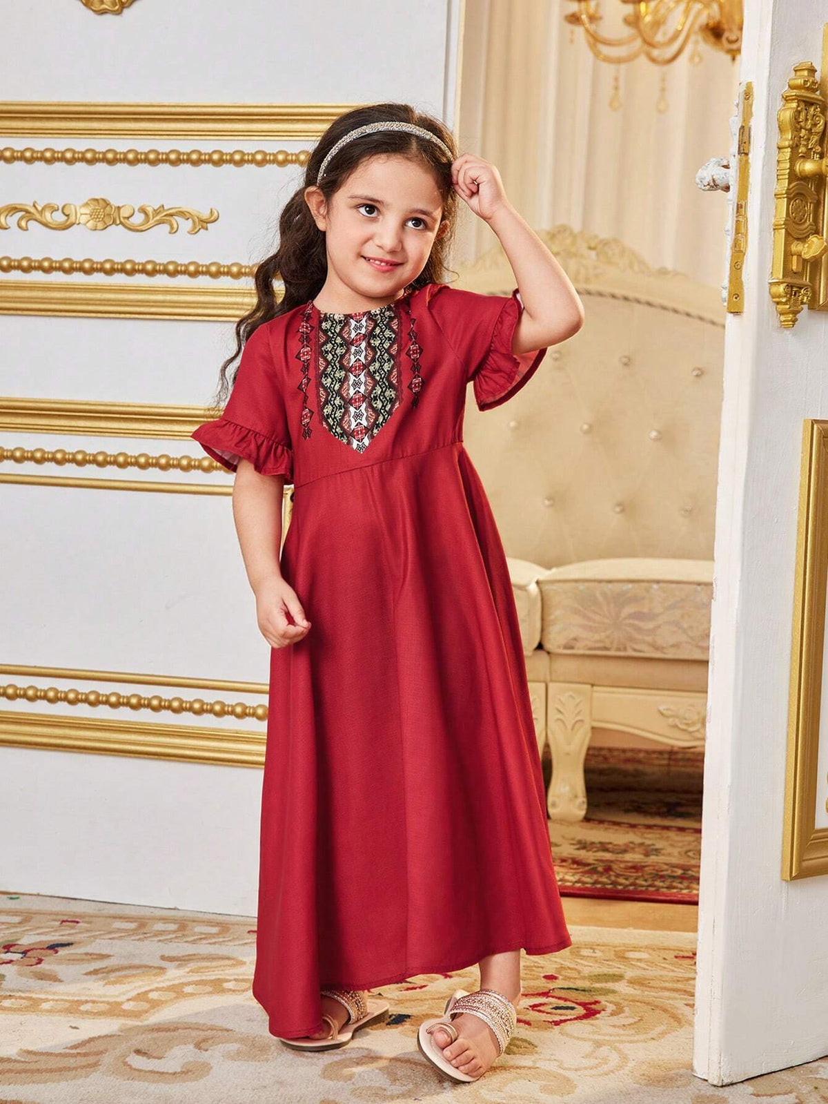 Young Girl Holiday Style Bohemian Round Neck Patchwork Color-Block Mid-Length Dress, Summer