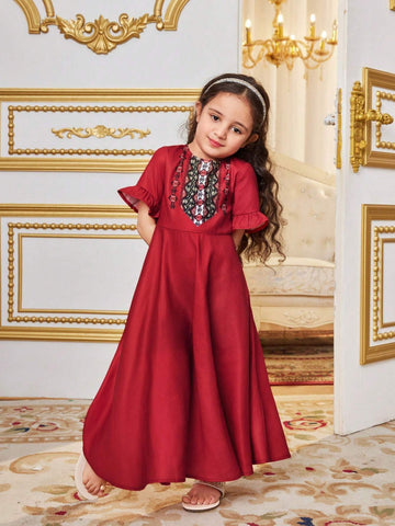 Young Girl Holiday Style Bohemian Round Neck Patchwork Color-Block Mid-Length Dress, Summer