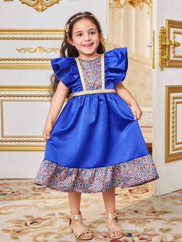 Young Girl Holiday Style Colorblock Round Neck Geometric Pattern Ruffled Midi Dress