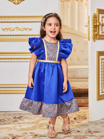 Young Girl Holiday Style Colorblock Round Neck Geometric Pattern Ruffled Midi Dress