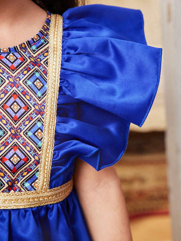 Young Girl Holiday Style Colorblock Round Neck Geometric Pattern Ruffled Midi Dress